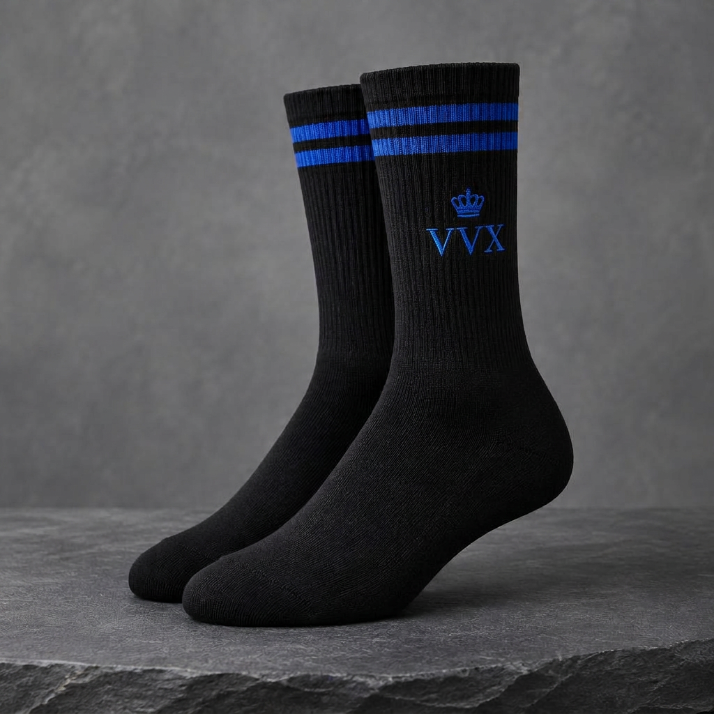 VVXHQ men's VVX Onyx Royal Crew Sock in Onyx Black — Onyx & Royal Blue, sold as a single pair.