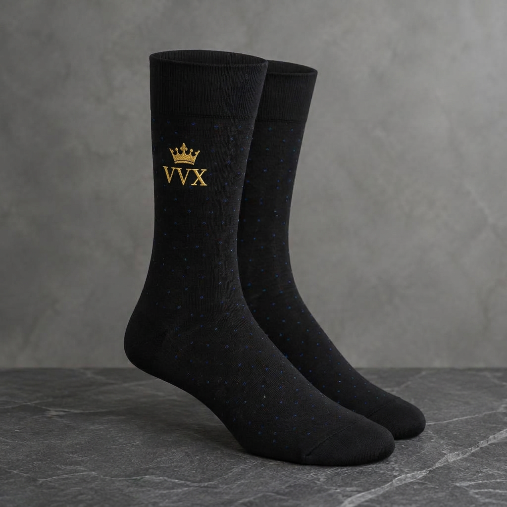 VVXHQ men's VVX Onyx Micro-Dot Dress Sock in Onyx Black — Onyx & Royal Blue, sold as a single pair.
