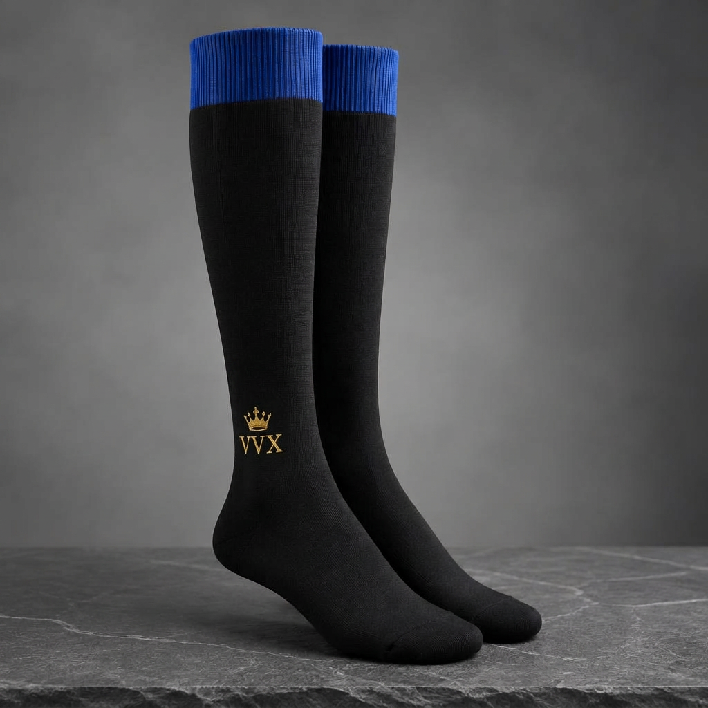 VVXHQ men's VVX Onyx Royal Over-The-Calf Sock in Onyx Black — Onyx & Royal Blue, sold as a single pair.