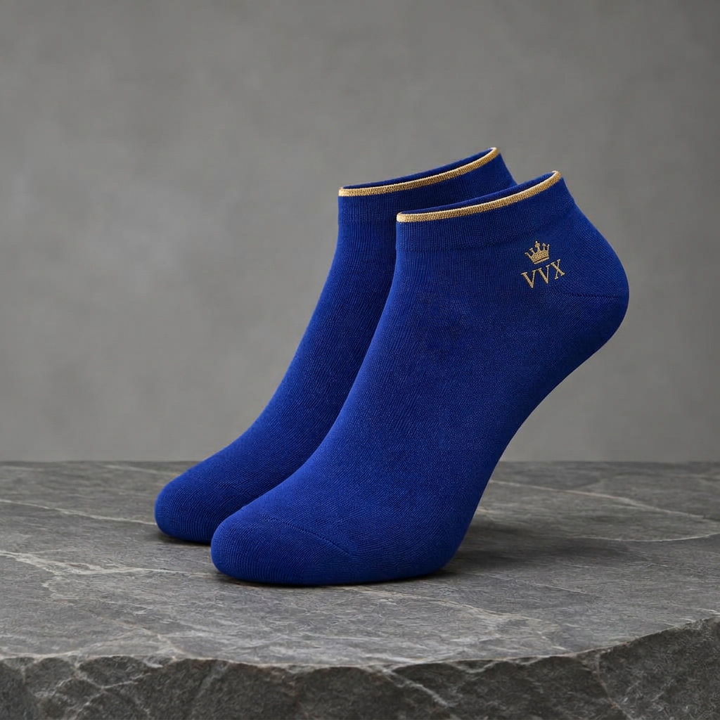 VVXHQ men's VVX Royal Blue Gold Ankle Sock in Onyx Black — Royal Blue & Gold, sold as a single pair.