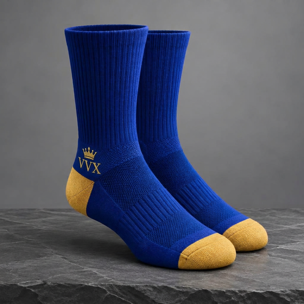 VVXHQ men's VVX Royal Blue Gold Athletic Sock in Onyx Black — Royal Blue & Gold, sold as a single pair.