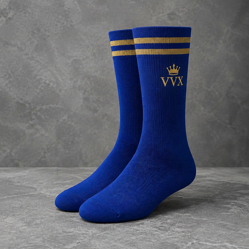 VVXHQ men's VVX Royal Blue Gold Stripe Crew Sock in Onyx Black — Royal Blue & Gold, sold as a single pair.