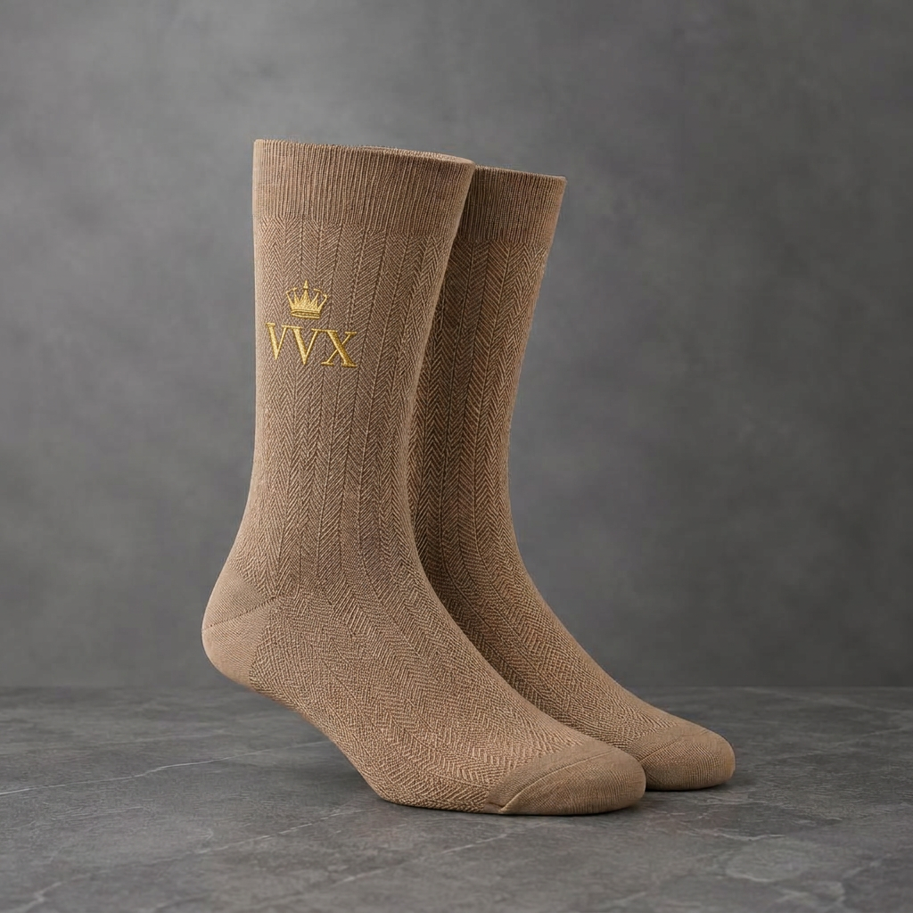 VVXHQ men's VVX Desert Sand Herringbone Dress Sock in Onyx Black — Desert Sand, sold as a single pair.