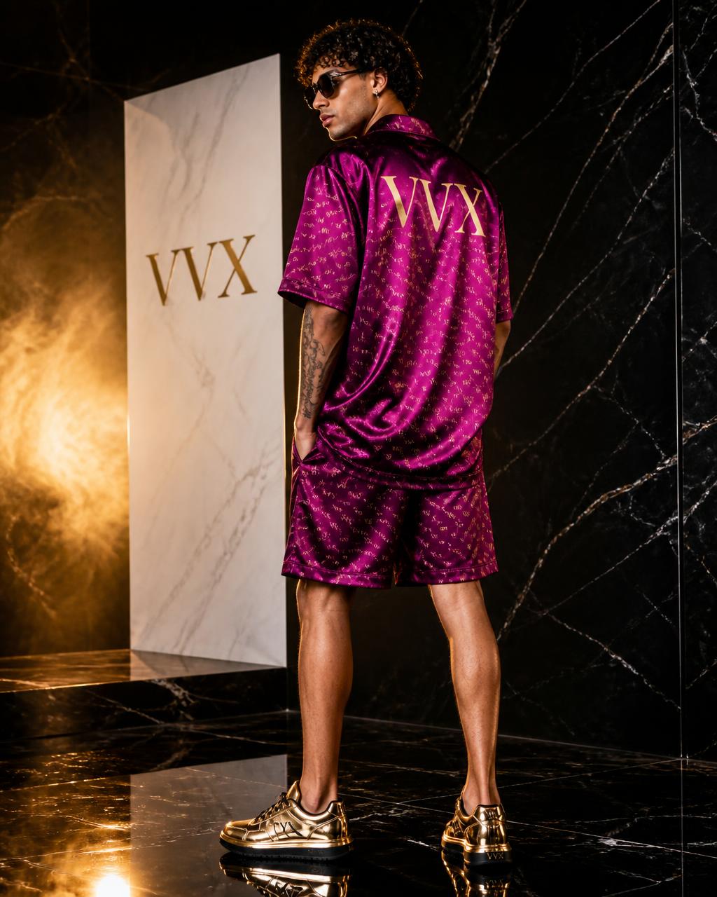 VVXHQ men's Magenta Silk Monogram Set in Magenta Reign, Magenta silk camp shirt and shorts, all-over gold VVX