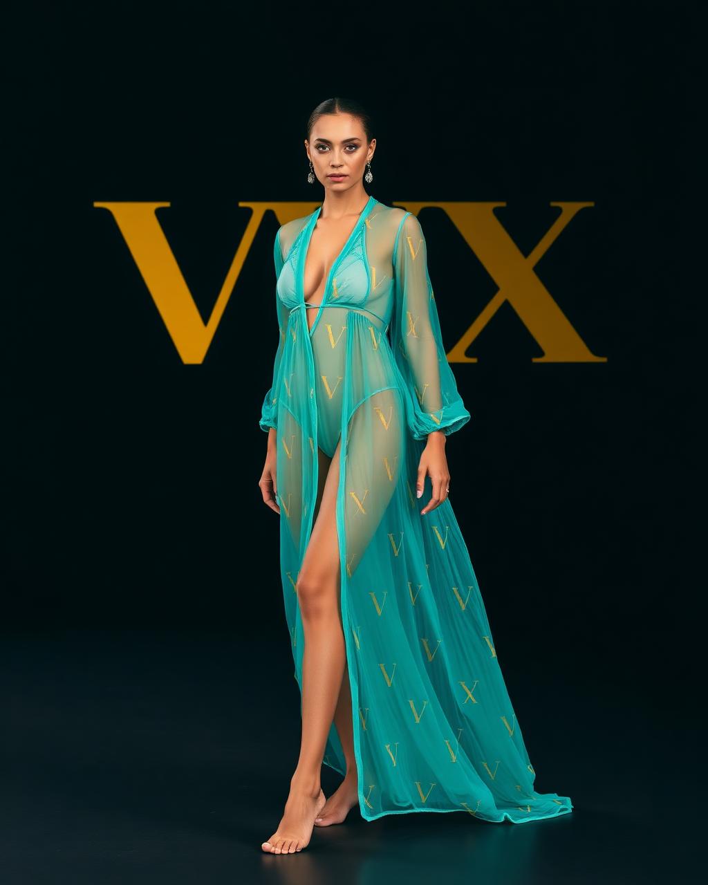 VVXHQ women's Aqua Monogram Cover-Up in Aqua Chrome, Sheer gold-monogram maxi cover-up with swim bodysuit
