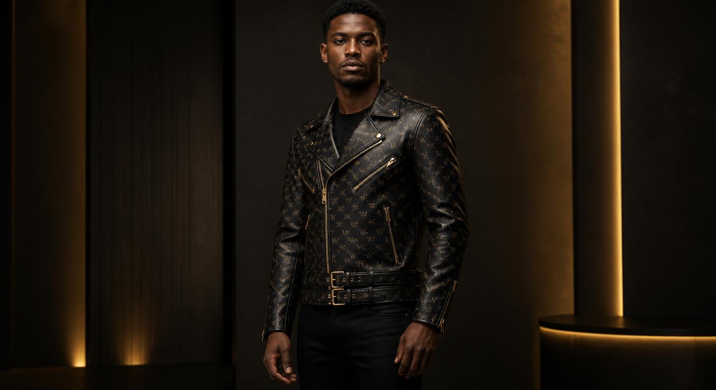 VVXHQ women's Monogram Leather Moto Jacket in Onyx Black, Asymmetric-zip moto in gold-embossed leather