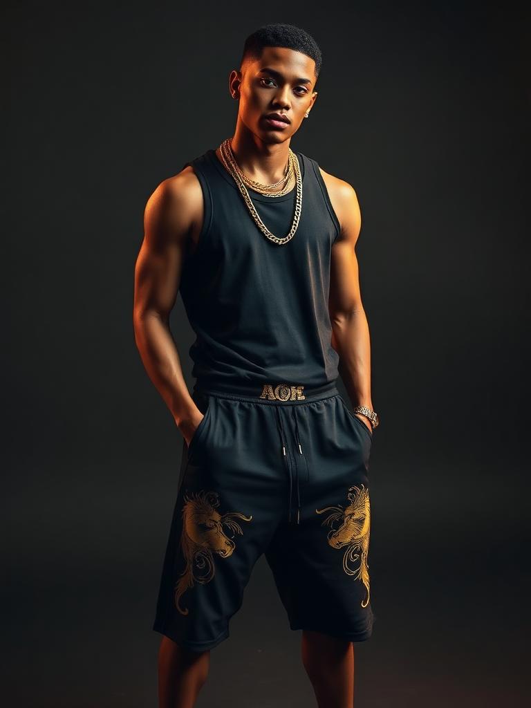 VVXHQ men's Lion Short Set in Chartreuse Volt, Gold lion-print short & tank two-piece