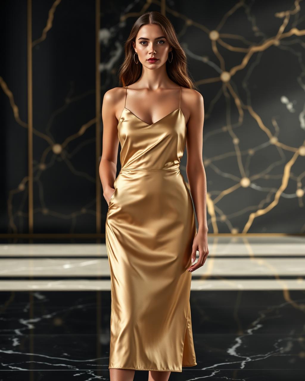 VVXHQ women's Champagne Satin Slip Dress in Champagne, Bias-cut gold satin midi with gold VVX hip crest