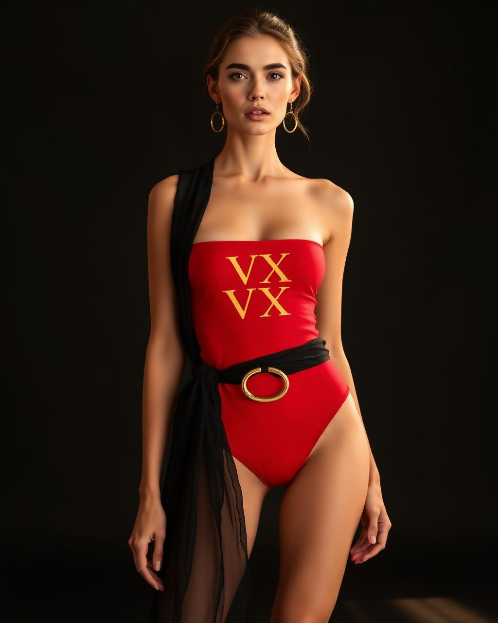 VVXHQ women's Ruby Monogram Swimsuit in Ruby Noir, Bandeau one-piece with gold VVX print and sarong