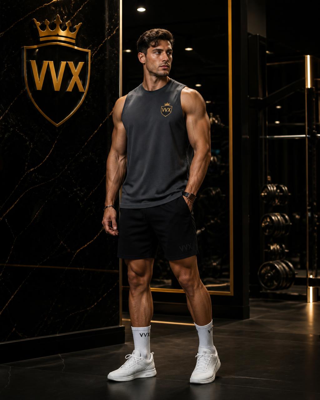 VVXHQ sportswear Smoke Grey Lifting Tank in Smoke Grey, Charcoal sleeveless training tank
