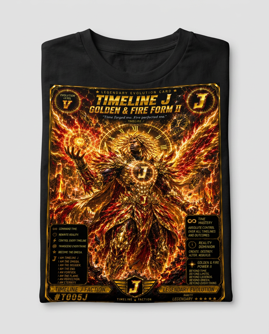 VVXHQ kids' Timeline J Golden & Fire Form II Tee in Gold, Kids' dual-form hero print in gold and fire