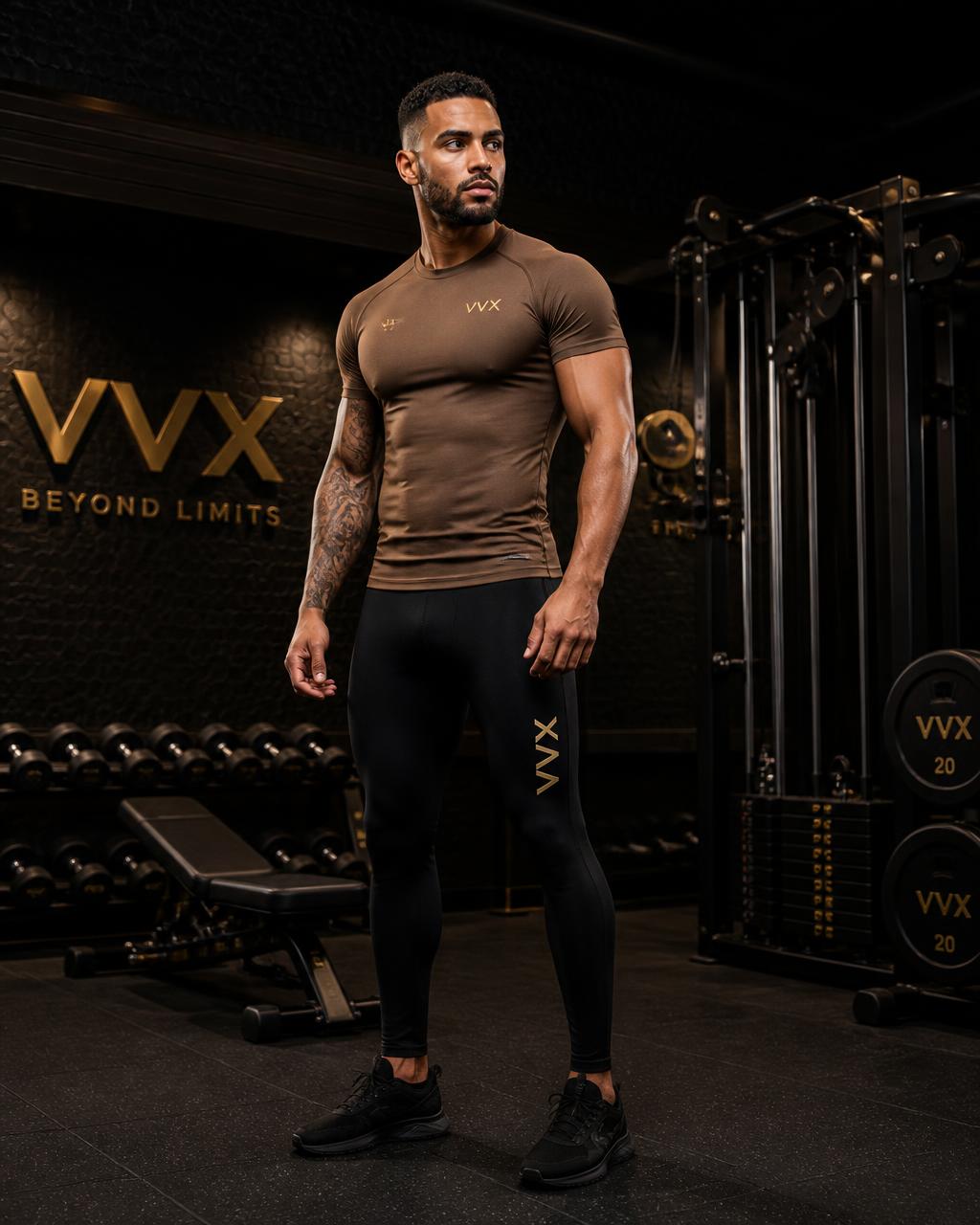 VVXHQ sportswear Antique Bronze Training Tights in Antique Bronze, Bronze compression top & tight set