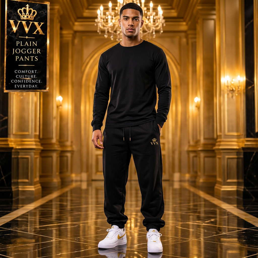 VVXHQ men's VVX Men's Plain Joggers in Black, Everyday comfort with a quiet gold signature