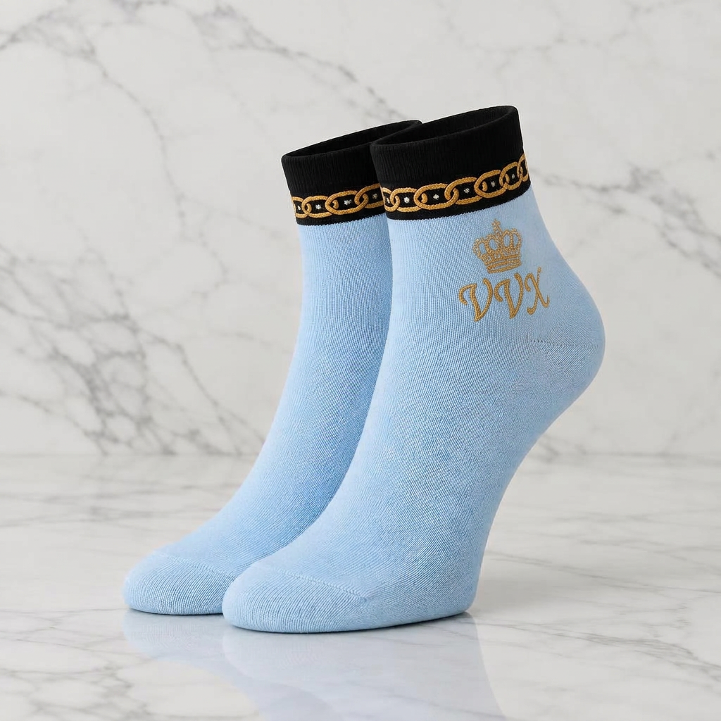 VVXHQ women's VVX Sky Blue Chain Ankle Sock in Onyx Black — Sky Blue & Noir, sold as a single pair.