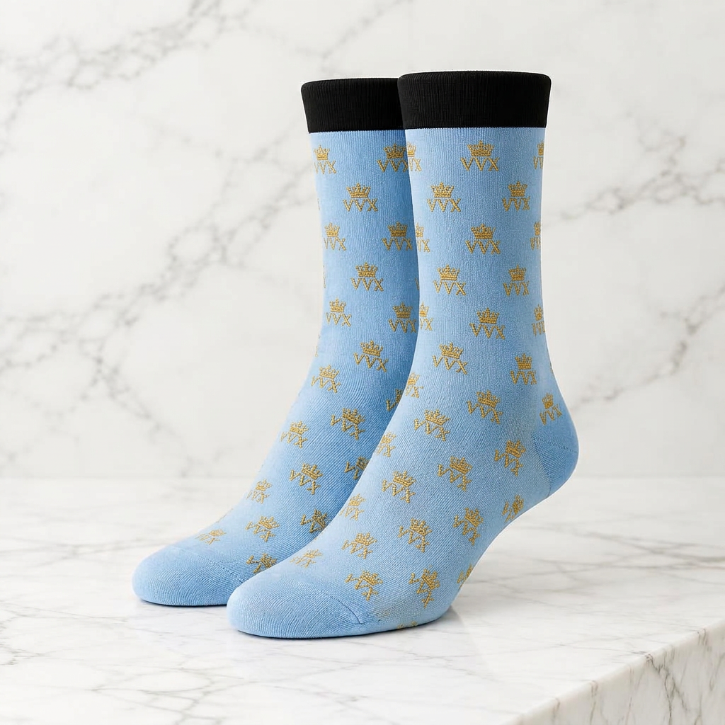VVXHQ women's VVX Sky Blue Monogram Crew Sock in Onyx Black — Sky Blue & Noir, sold as a single pair.