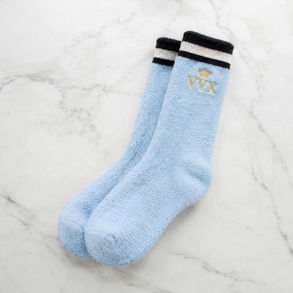 VVXHQ women's VVX Sky Blue Plush Lounge Sock in Onyx Black — Sky Blue, sold as a single pair.