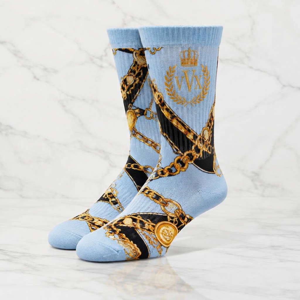 VVXHQ women's VVX Sky Blue Scarf-Print Statement Sock in Onyx Black — Sky Blue & Gold, sold as a single pair.