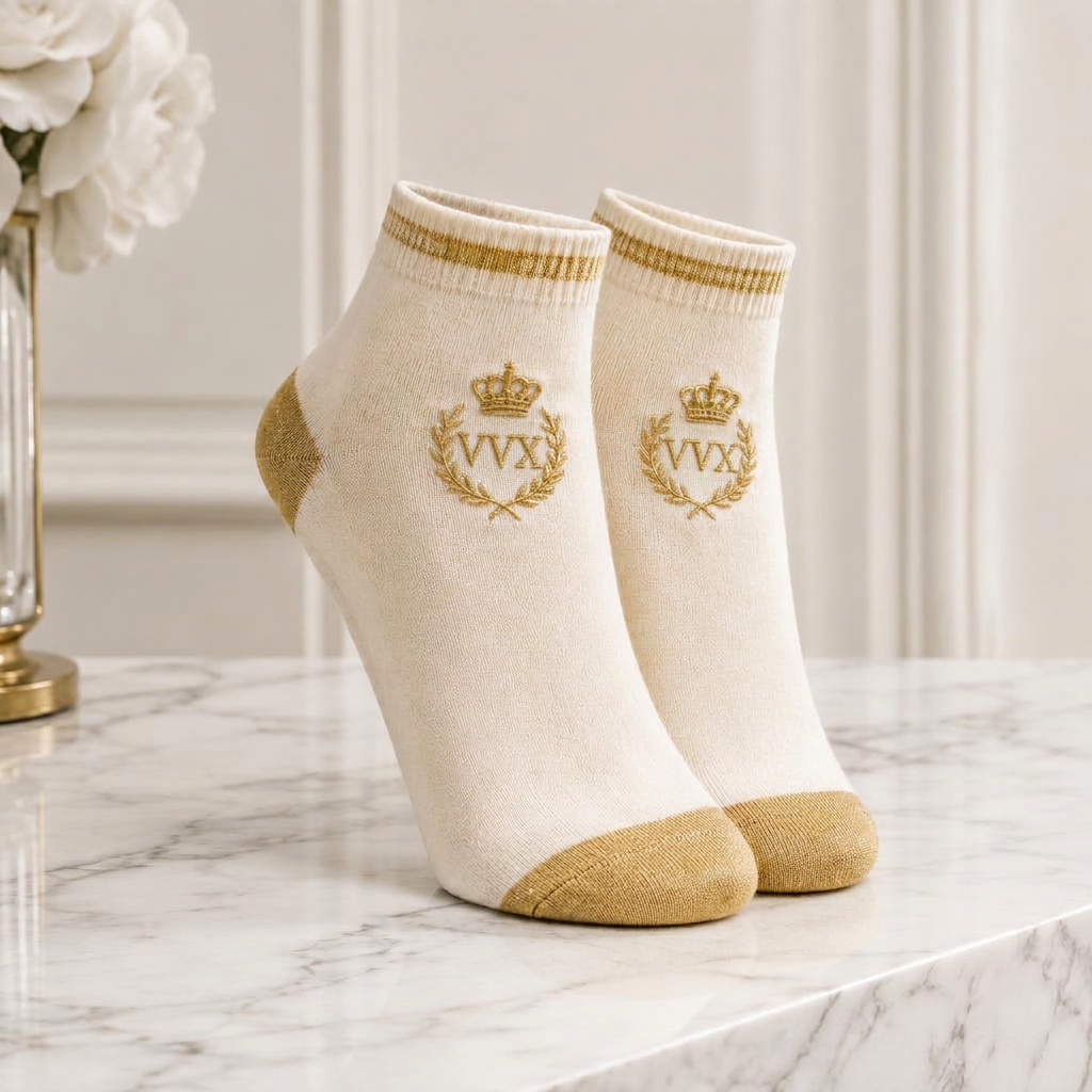 VVXHQ women's VVX Ivory Gold Ankle Sock in Onyx Black — Ivory & Gold, sold as a single pair.