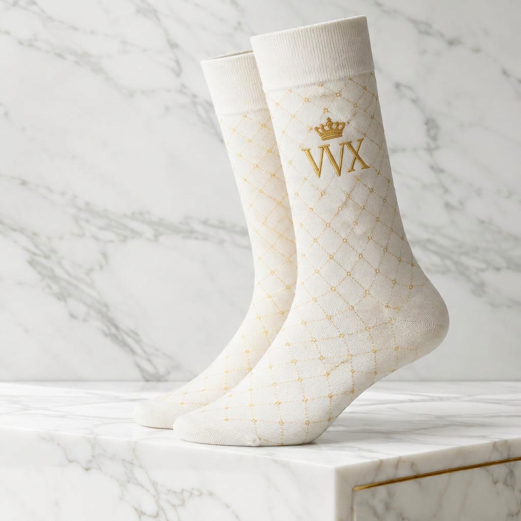 VVXHQ women's VVX Ivory Gold Lattice Dress Sock in Onyx Black — Ivory & Gold, sold as a single pair.