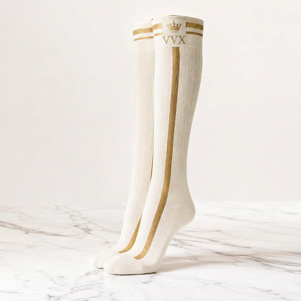 VVXHQ women's VVX Ivory Gold Knee-High Sock in Onyx Black — Ivory & Gold, sold as a single pair.