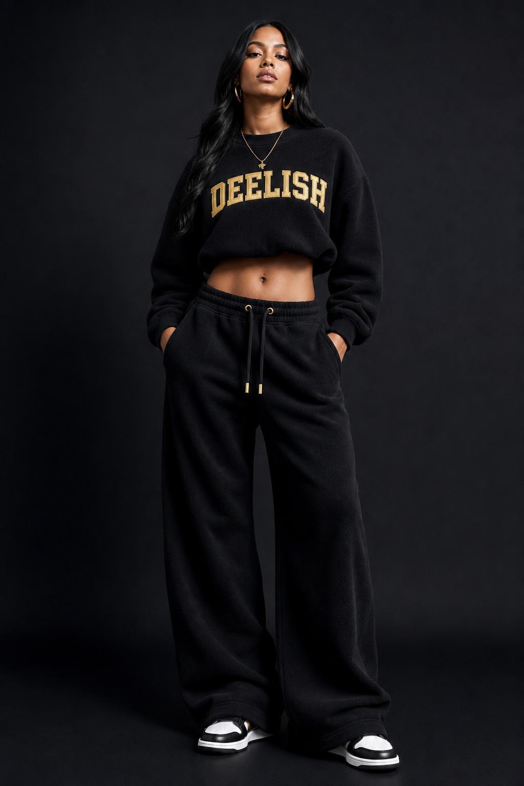VVXHQ women's Crop Jersey Set in Magenta Reign, Cropped gold jersey & wide jogger