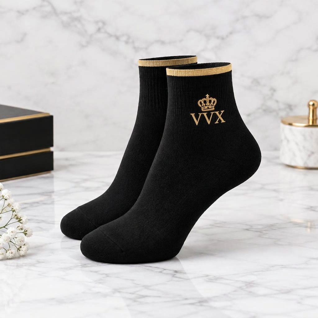 VVXHQ women's VVX Noir Gold Ankle Sock in Onyx Black — Noir & Gold, sold as a single pair.
