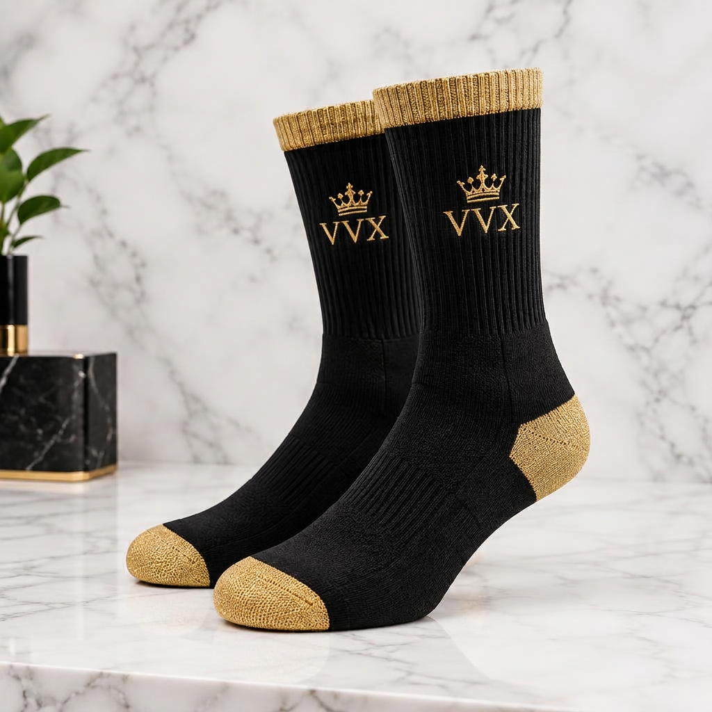 VVXHQ women's VVX Noir Gold Athletic Sock in Onyx Black — Noir & Gold, sold as a single pair.