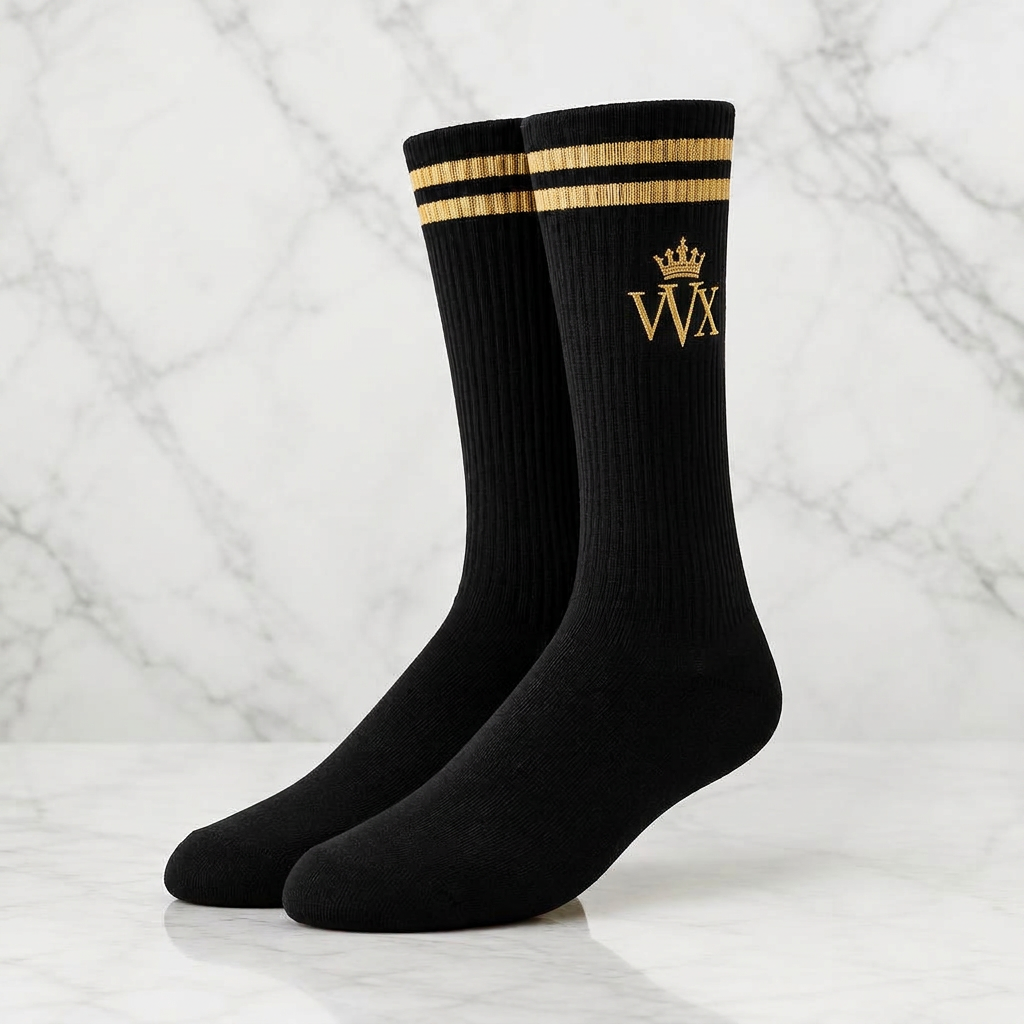 VVXHQ women's VVX Noir Gold Crew Sock in Onyx Black — Noir & Gold, sold as a single pair.