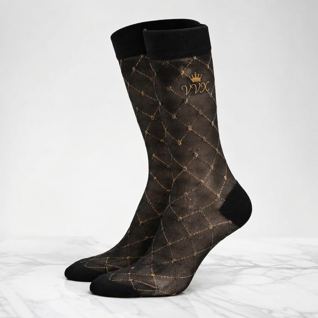 VVXHQ women's VVX Noir Sheer Lattice Dress Sock in Onyx Black — Noir & Gold, sold as a single pair.