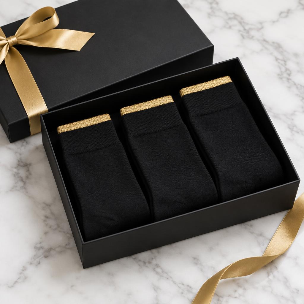 VVXHQ women's VVX Noir Gold Sock Gift Trio in Onyx Black — Noir & Gold, three pairs, boxed.