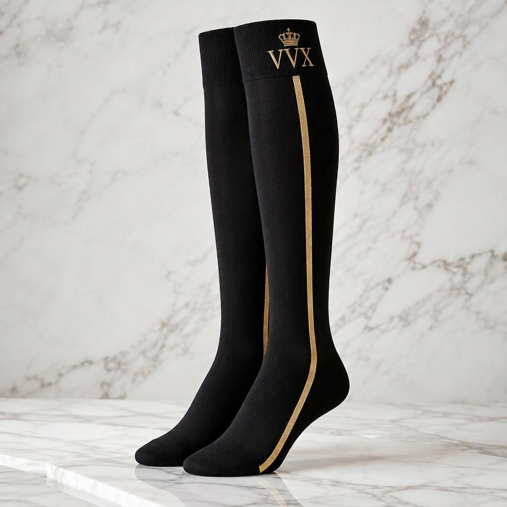 VVXHQ women's VVX Noir Gold Stripe Knee-High Sock in Onyx Black — Noir & Gold, sold as a single pair.