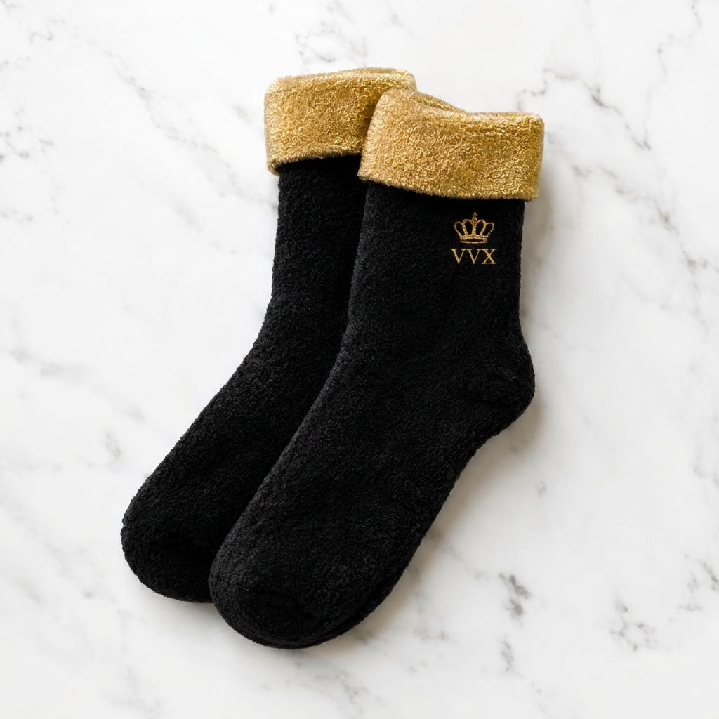 VVXHQ women's VVX Noir Gold Plush Lounge Sock in Onyx Black — Noir & Gold, sold as a single pair.