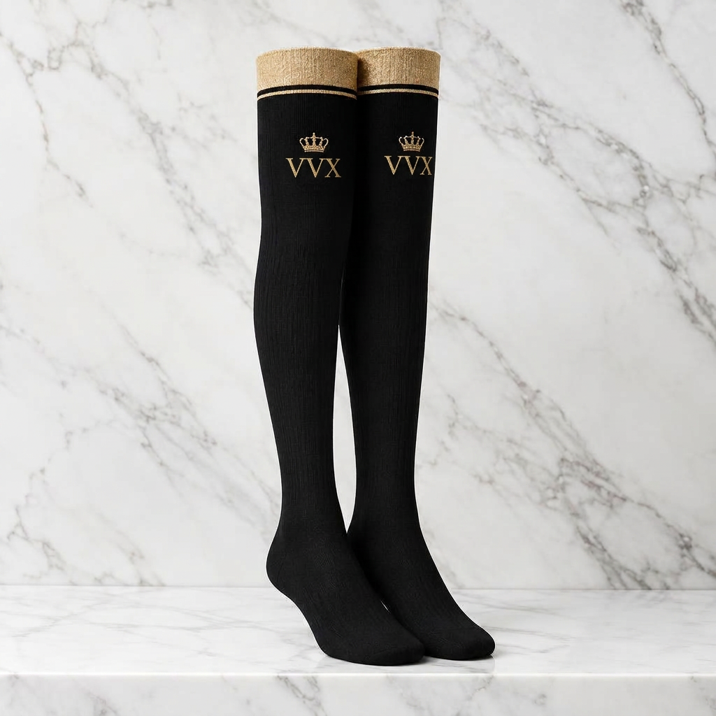 VVXHQ women's VVX Noir Gold Over-The-Knee Sock in Onyx Black — Noir & Gold, sold as a single pair.