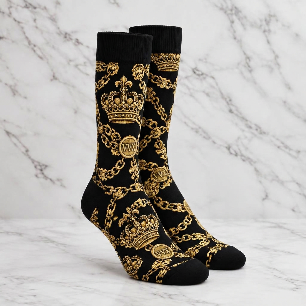 VVXHQ women's VVX Noir Baroque Statement Sock in Onyx Black — Noir & Gold, sold as a single pair.
