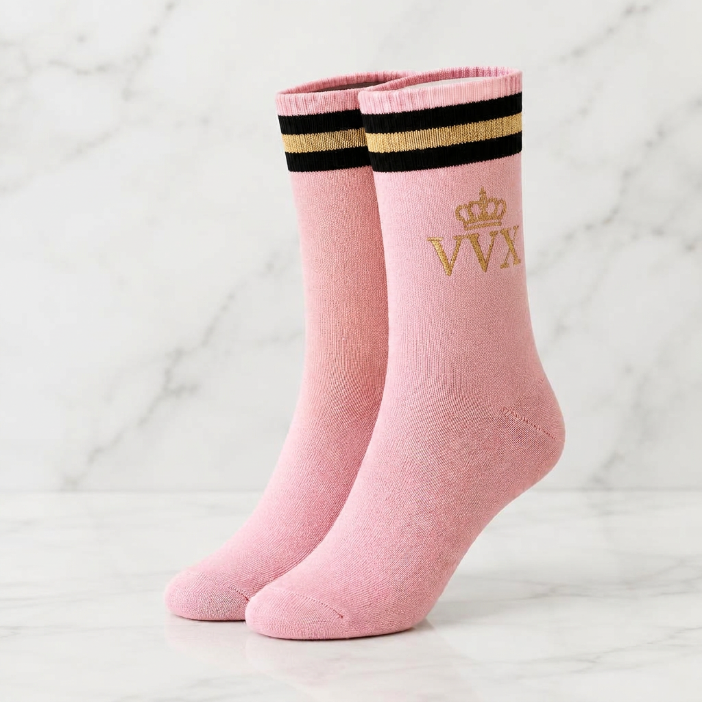 VVXHQ women's VVX Blush Pink Varsity Crew Sock in Onyx Black — Blush Pink & Gold, sold as a single pair.