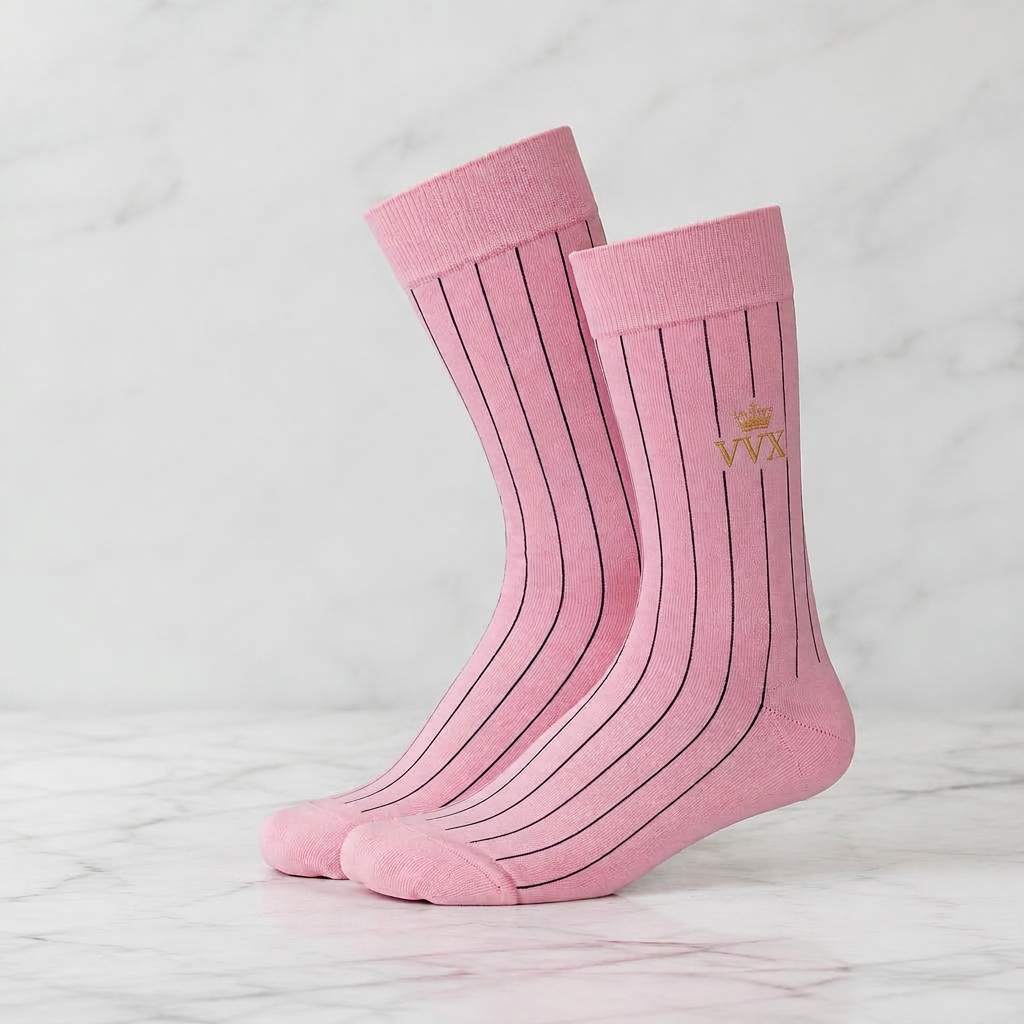 VVXHQ women's VVX Blush Pink Pinstripe Dress Sock in Onyx Black — Blush Pink & Noir, sold as a single pair.