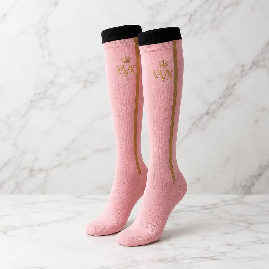 VVXHQ women's VVX Blush Pink Knee-High Sock in Onyx Black — Blush Pink & Gold, sold as a single pair.