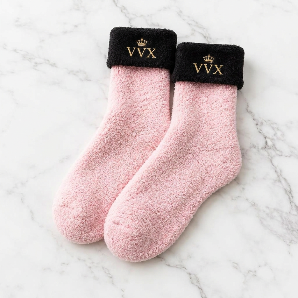 VVXHQ women's VVX Blush Pink Plush Lounge Sock in Onyx Black — Blush Pink & Noir, sold as a single pair.