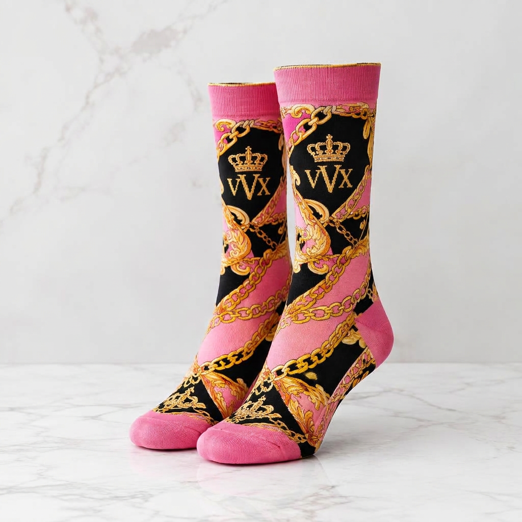 VVXHQ women's VVX Blush Pink Baroque Statement Sock in Onyx Black — Blush Pink & Gold, sold as a single pair.