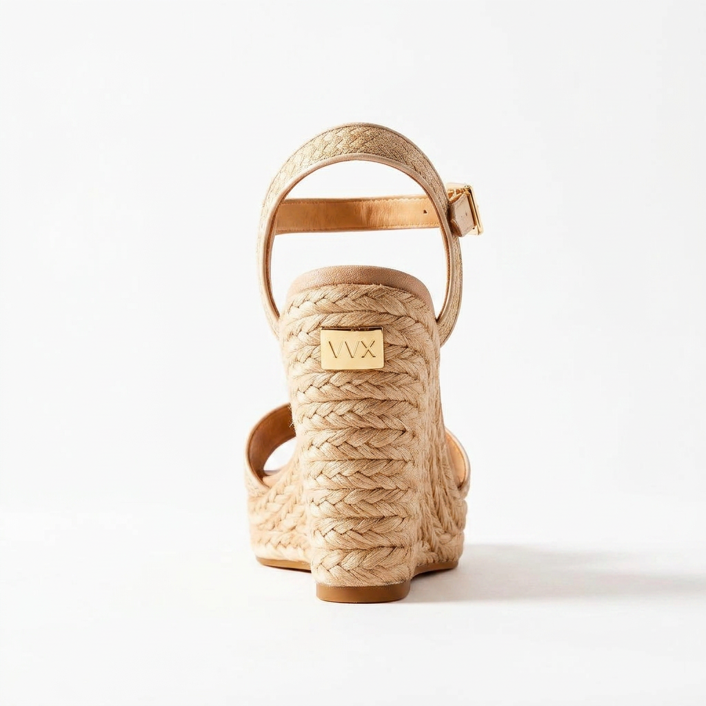 VVXHQ footwear Champagne Raffia Wedge in Champagne — Espadrille wedge with gold buckle, view 3 of 3
