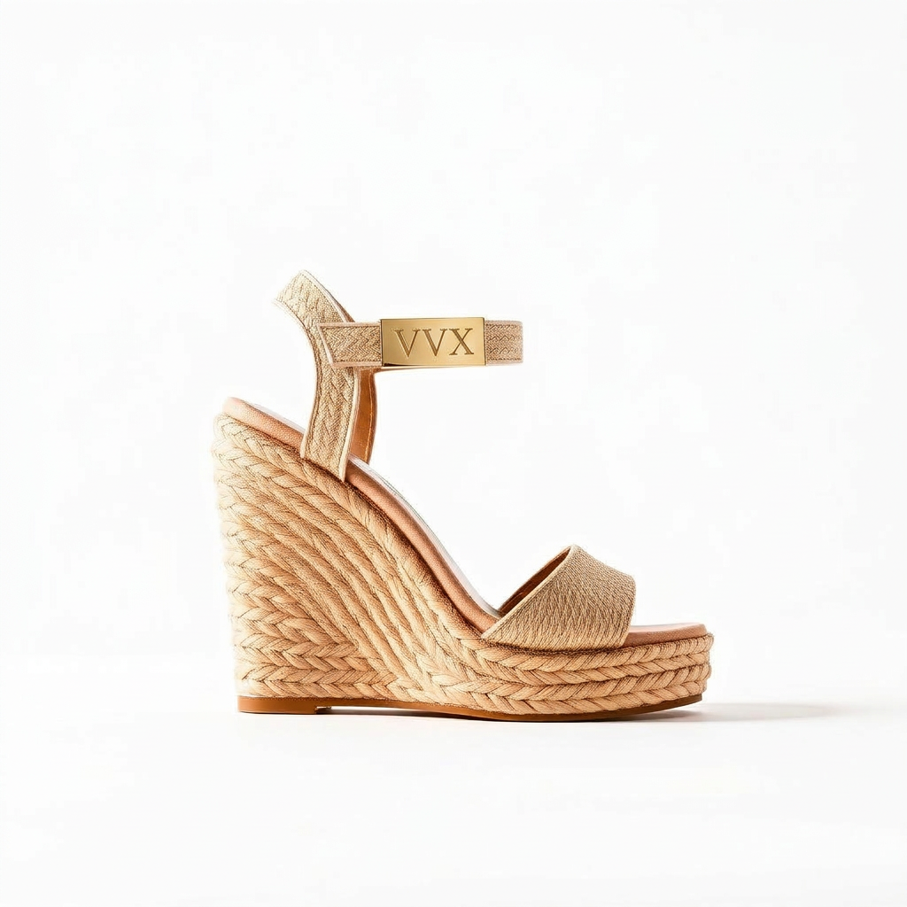 VVXHQ footwear Champagne Raffia Wedge in Champagne — Espadrille wedge with gold buckle, view 2 of 3